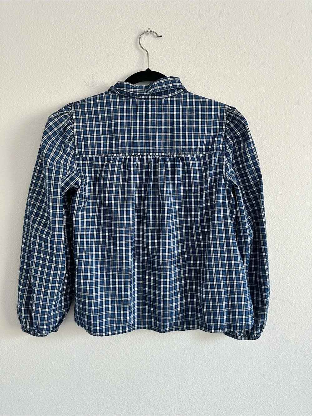 Madewell Blue Plaid Peter Pan Collared Blouse Puff Sleeve Size M Cottagecore